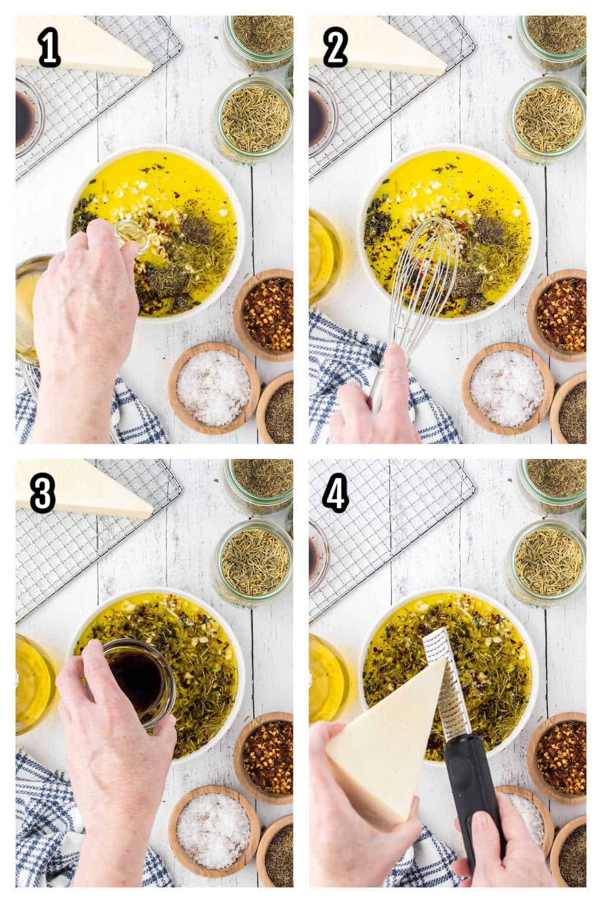 Collage of the first four steps for the Italian bread dipping oil. 