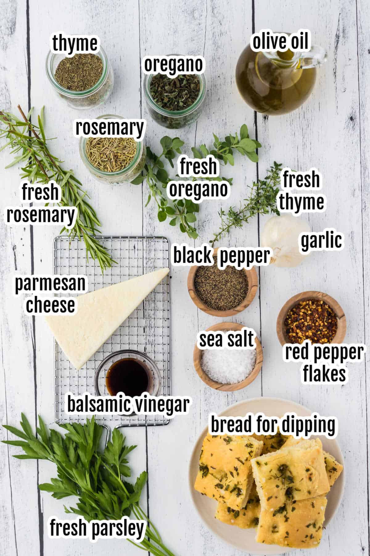 Image of the ingredients needed to make the olive oil dip for bread. 