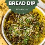 A single Pinterest image with a title overlay that says how to make olive oil bread dip.