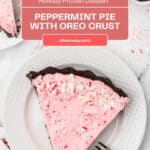 A Pinterest image with title overlay for the Candy Cane Frozen Pie dessert recipe.