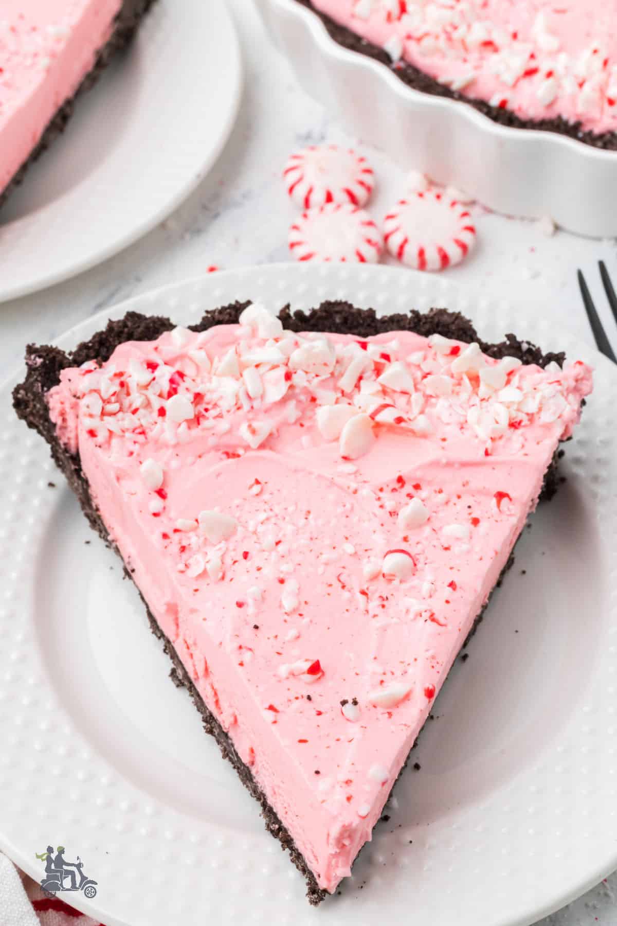 Overhead view of a frozen peppermint pie with chocolate cookie crumb crust slice.