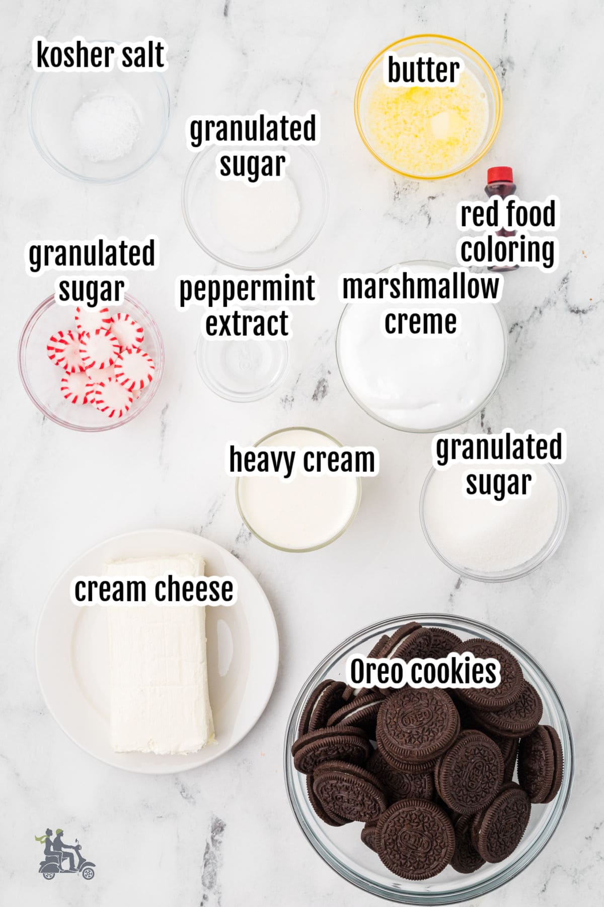 Image of the ingredients needed to make a Peppermint Pie with Oreo cookie crust recipe. 