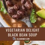 A second Pinterest collage with a title overlay with three images of the vegetarian bean soup recipe made with black beans.