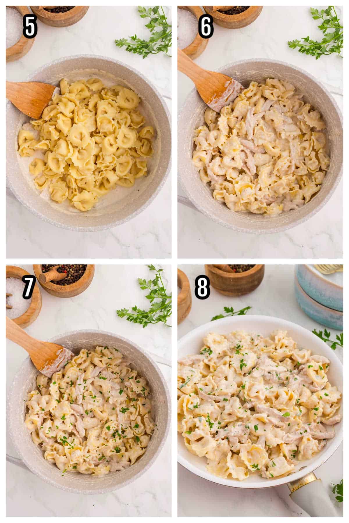 A second collage features steps five through eight to making the 30-minute chicken Alfredo pasta dinner. 