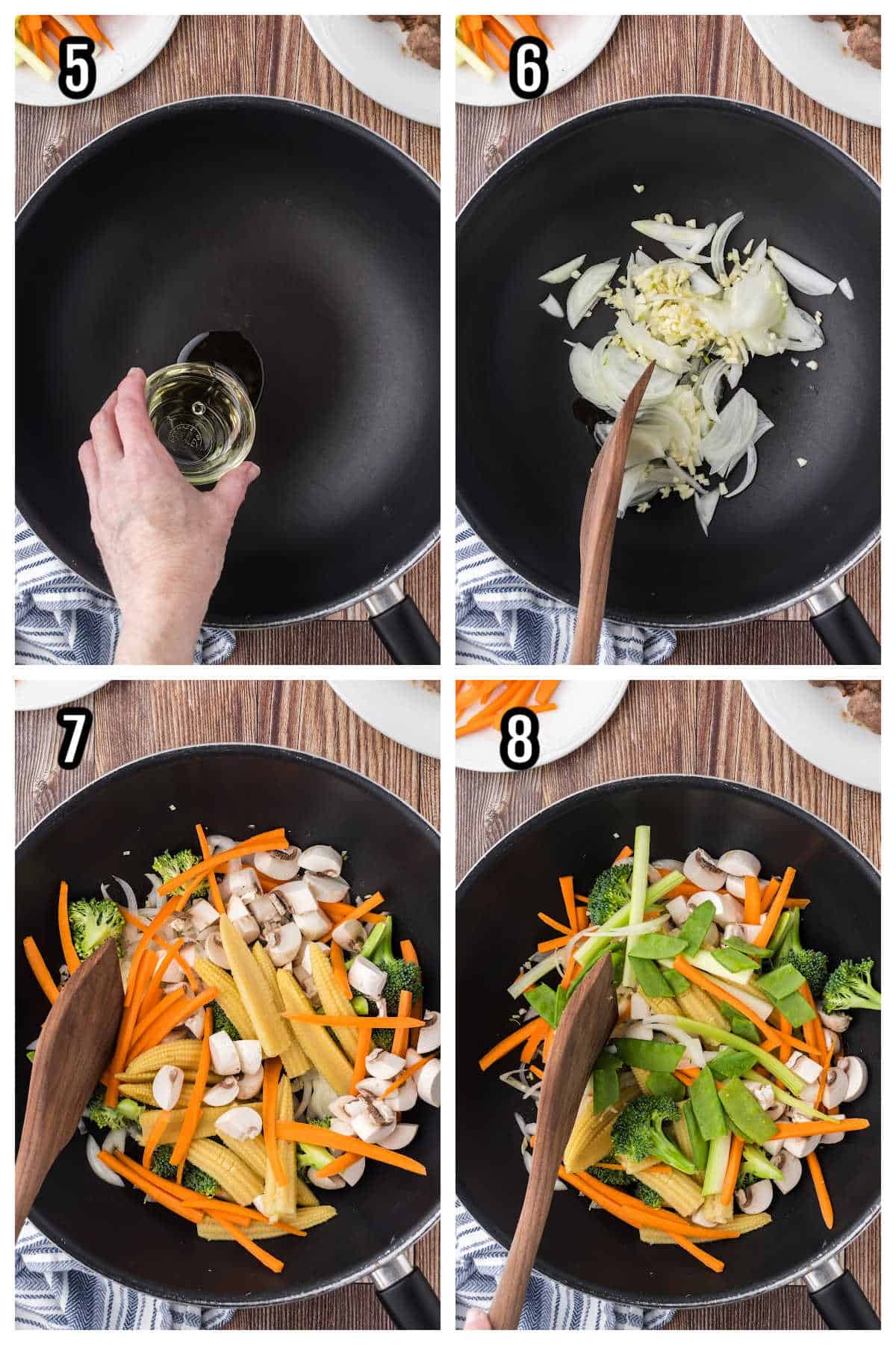 The second collage shows steps five through eight for assembling the chop suey with beef.