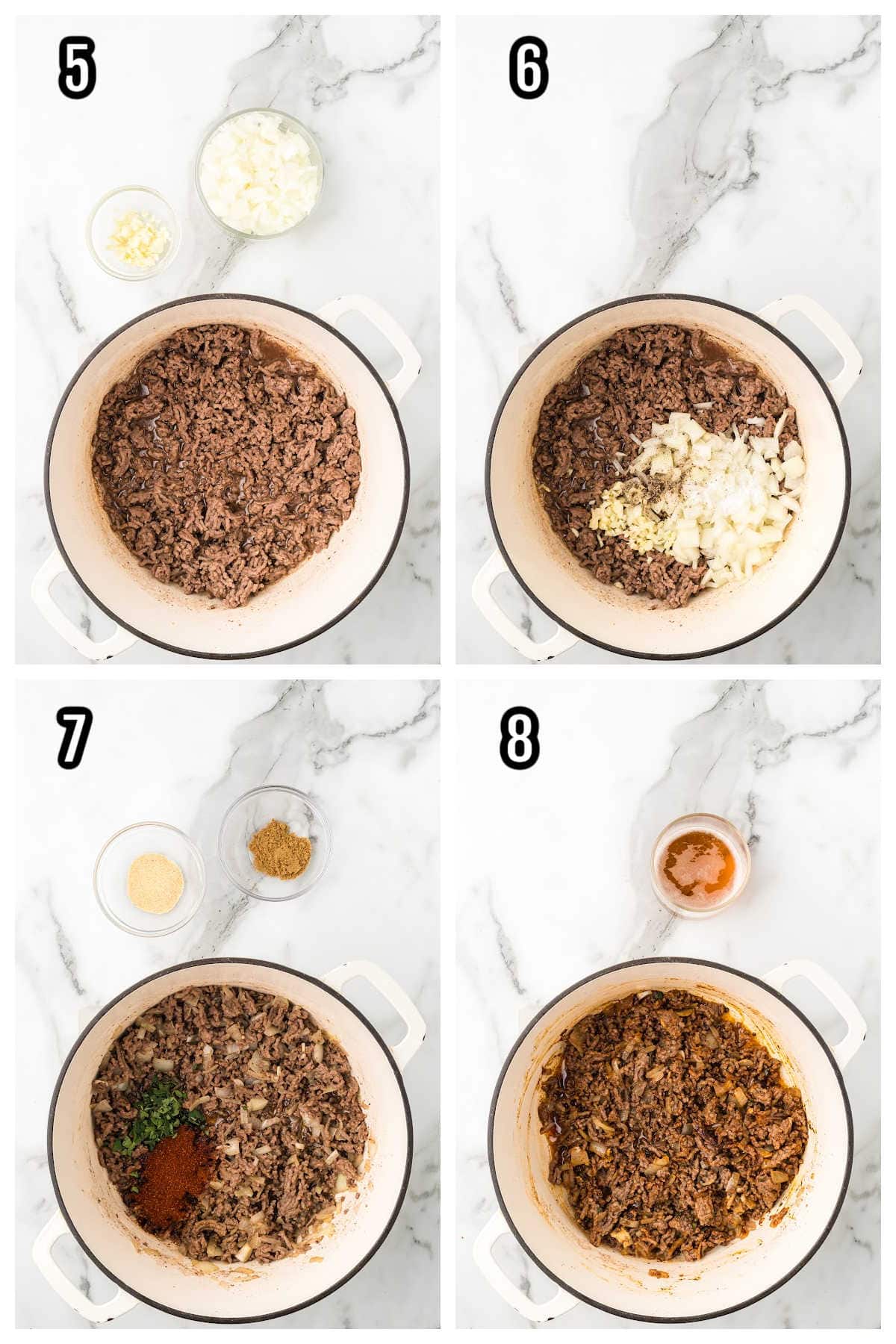 The second collage shows steps five through eight of the Cowboy Spaghetti recipe.