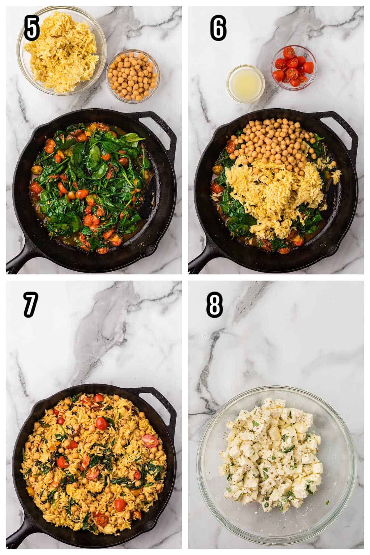 The second instructional collage features steps five through eight of the Greek skillet and lemon pasta recipe. 