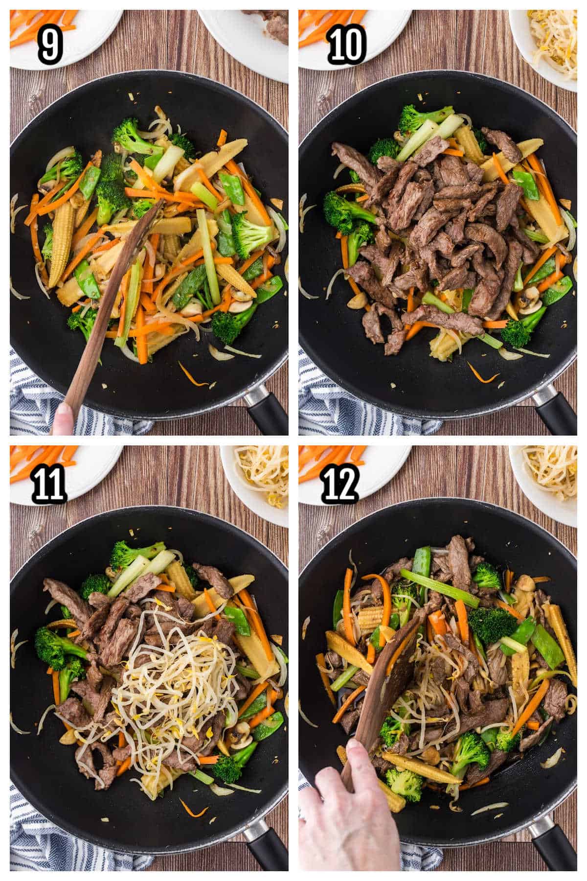 The third collage shows the addition of vegetables to the chop suey recipe with beef.