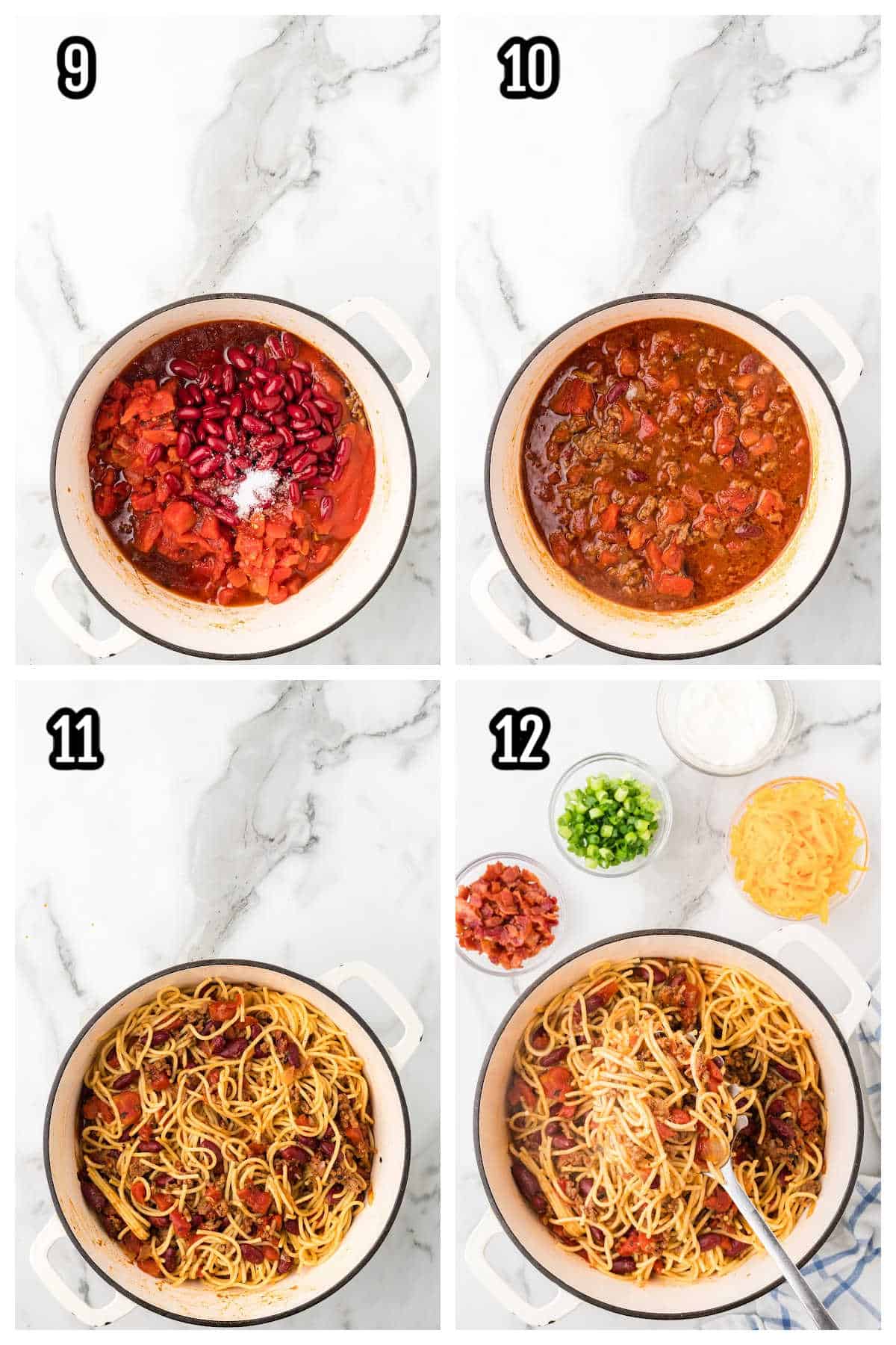The third collage features steps nine through twelve and the completion of the One-Pot Western Spaghetti Dinner recipe.