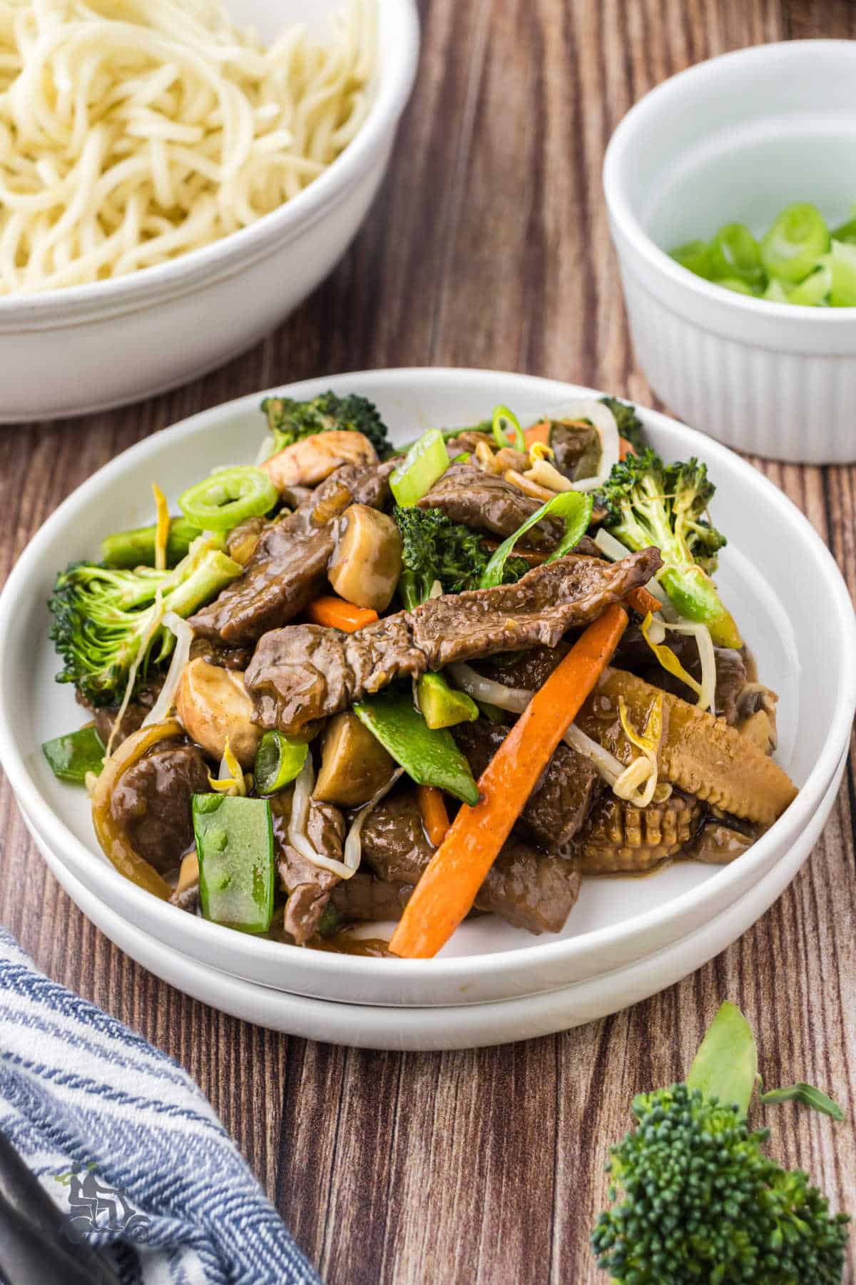 A serving of the chop suey recipe with beef on a white plate with noodles on the side.