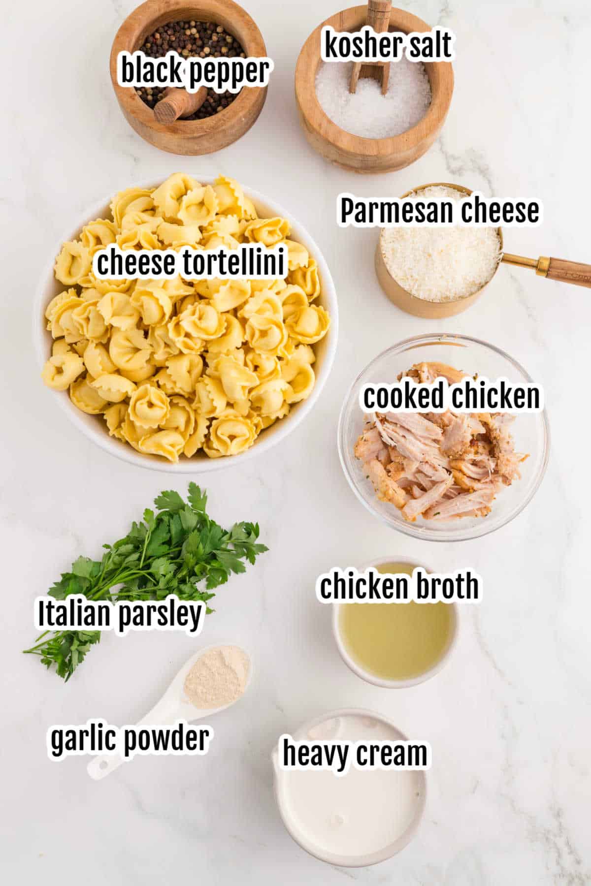 Ingredients needed to make the easy chicken tortellini alfredo recipe. 