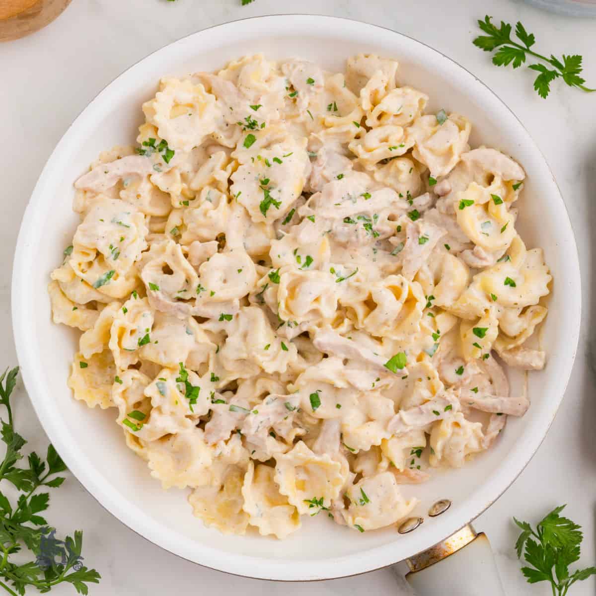 Cooked chicken mixed with cheese tortellini pasta and Alfredo sauce in a white skillet.