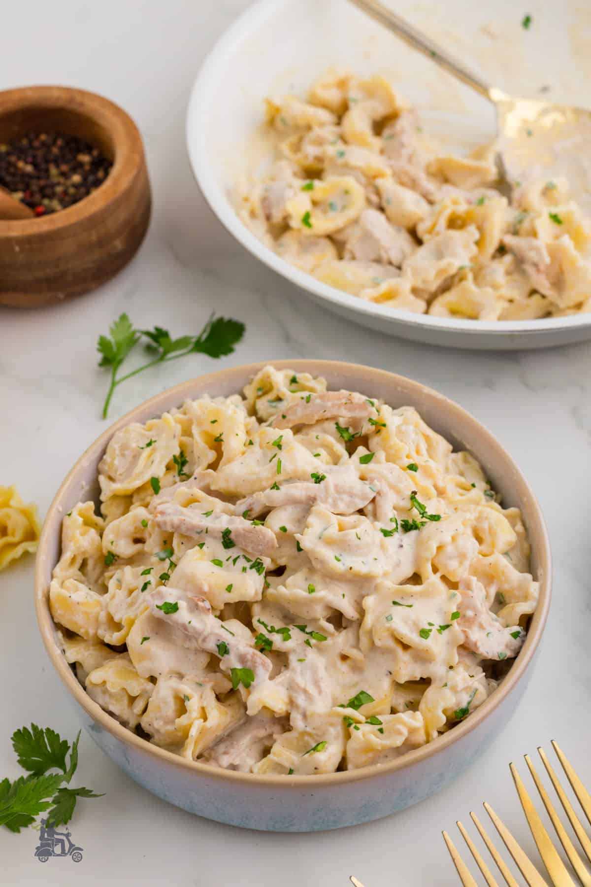 Alfredo sauce-covered cheese tortellini and shredded chicken breast in a grey serving bowl. 