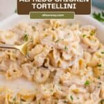 A Pinterest share image with title overlay for Alfredo Chicken Tortellini recipe.