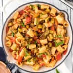 Dutch oven filled with rigatoni made alla Norma.