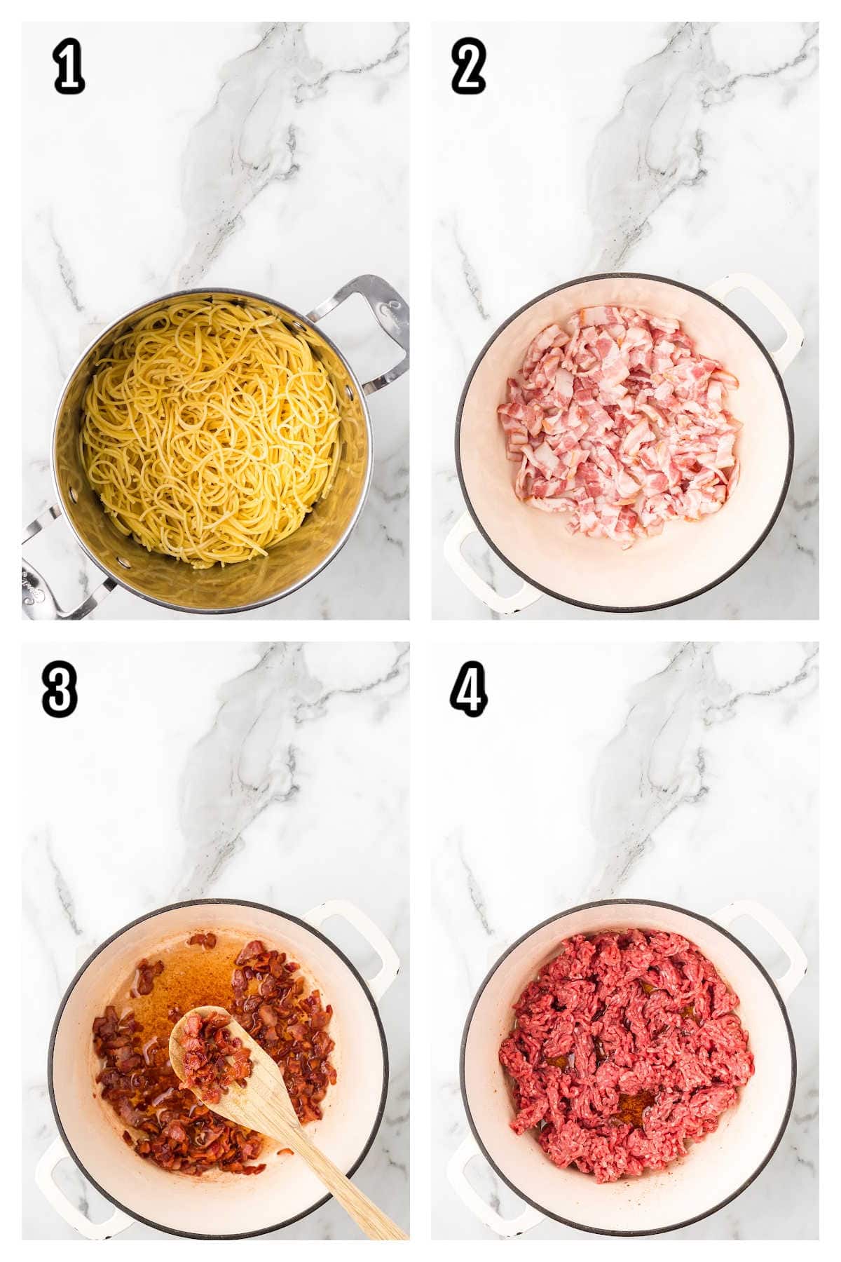 The first collage demonstrates the first four steps to making the Western spaghetti pasta dinner.
