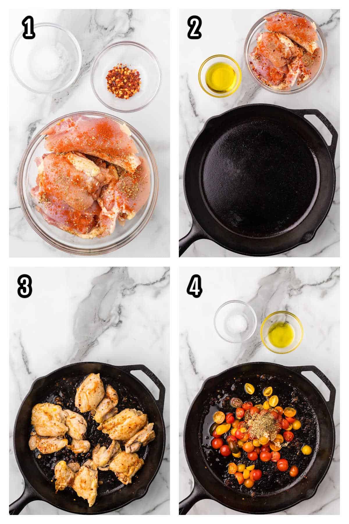 Instruction collage features the first four steps to making the Mediterranean skillet chicken with lemon pasta. 