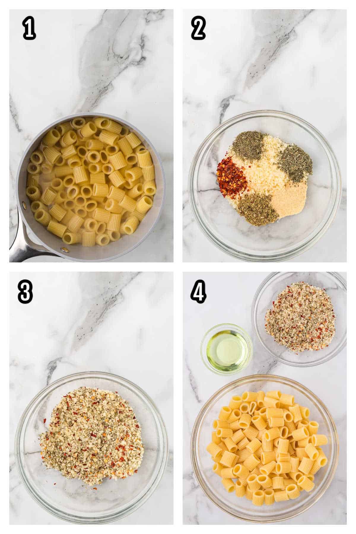 A Collage with the first four steps to making the baked pasta appetizer.