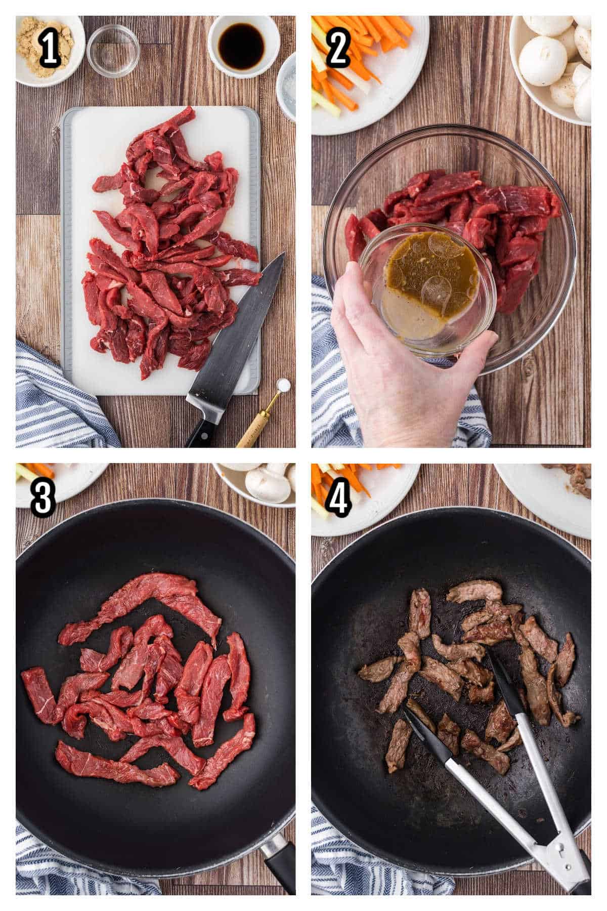 The first collage features the first four steps to preparing the meat for the beef chop suey.