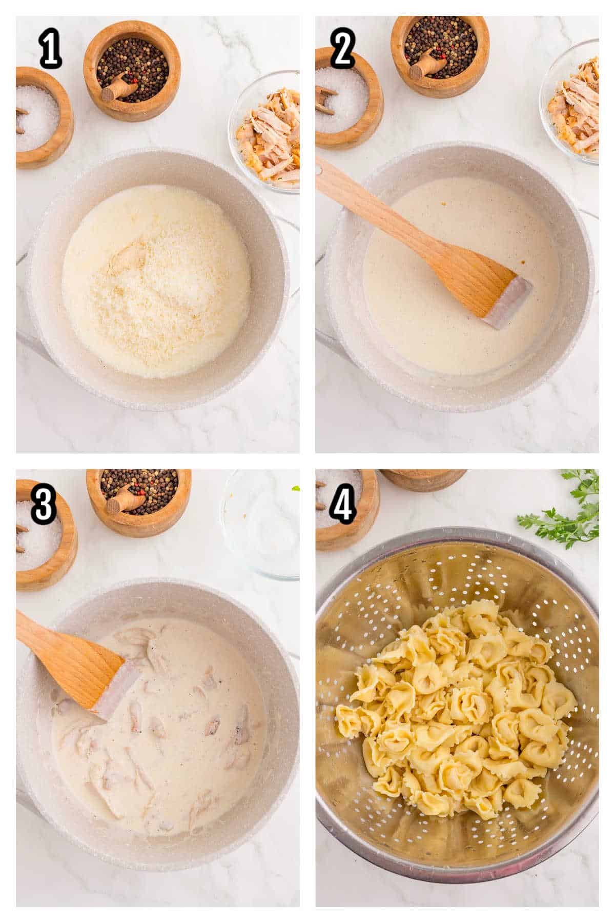 First four steps to making the Chicken Cheese Tortellini Alfredo recipe. 