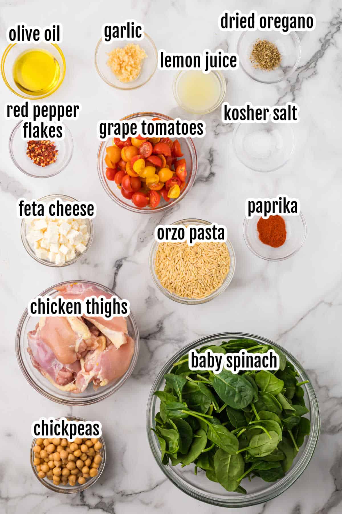 An image of the ingredients needed to make the 30-minute Greek chicken and lemon pasta dinner. 