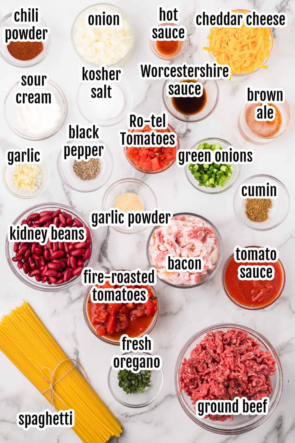 The ingredients needed to make the Western-style spaghetti dinner.