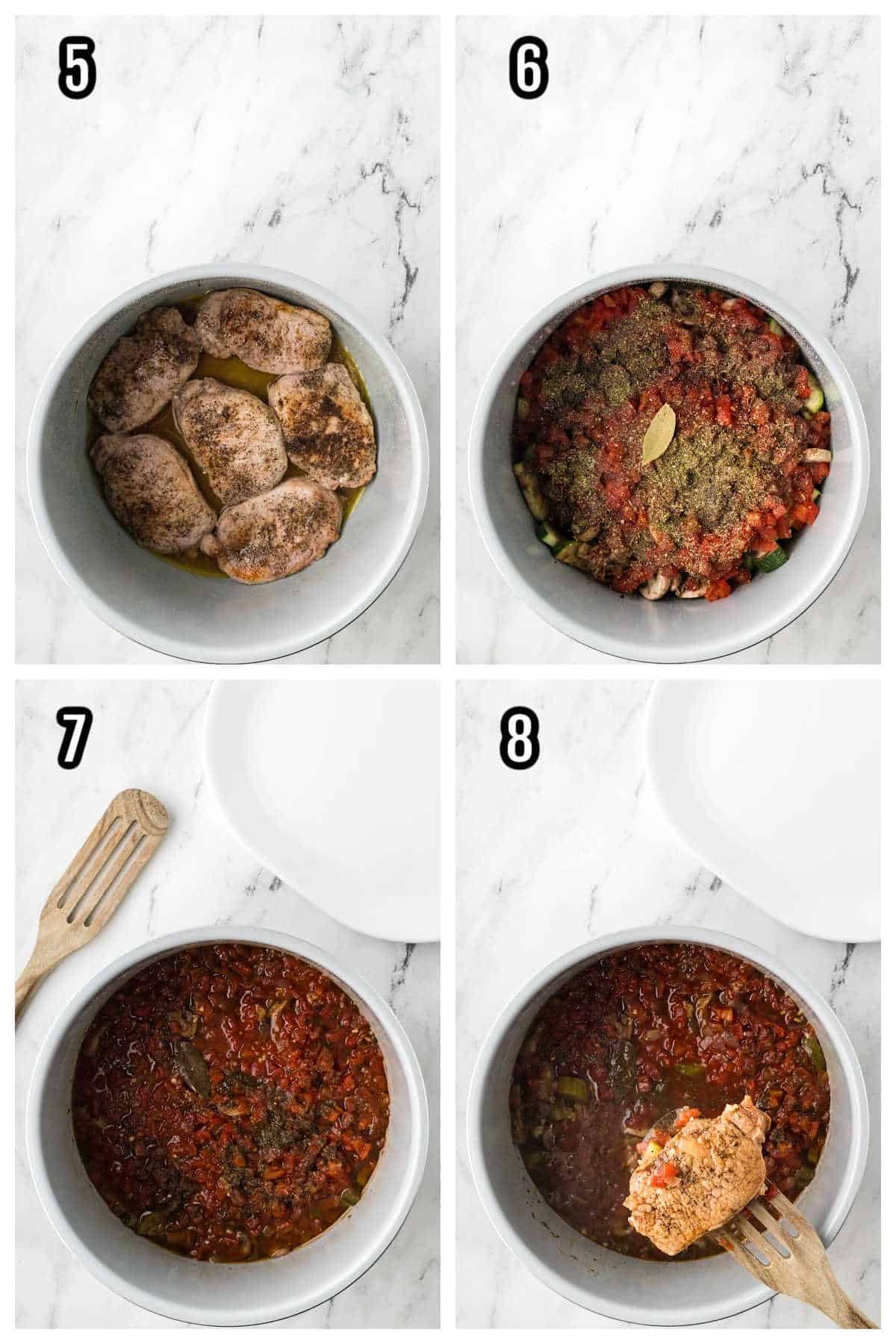 The second collage features steps five through eight of the Italian pork chop recipe made in a pressure cooker. 