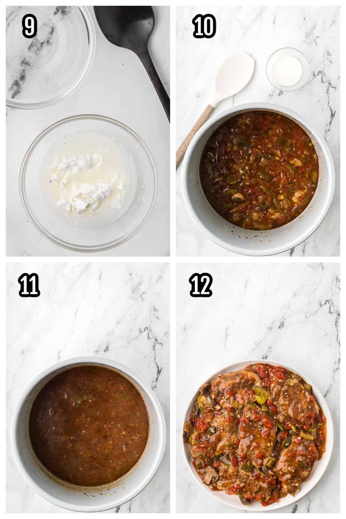 The third collage shows steps nine to twelve, featuring the finish of the pork chop recipe made in the Instant Pot. 