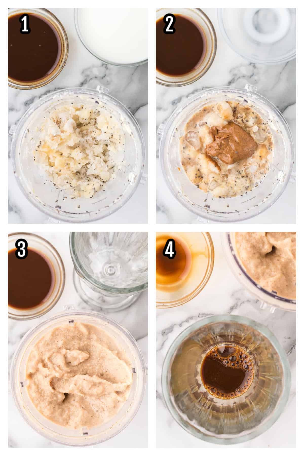 Collage of the four steps to making the breakfast smoothie with banana and espresso coffee. 