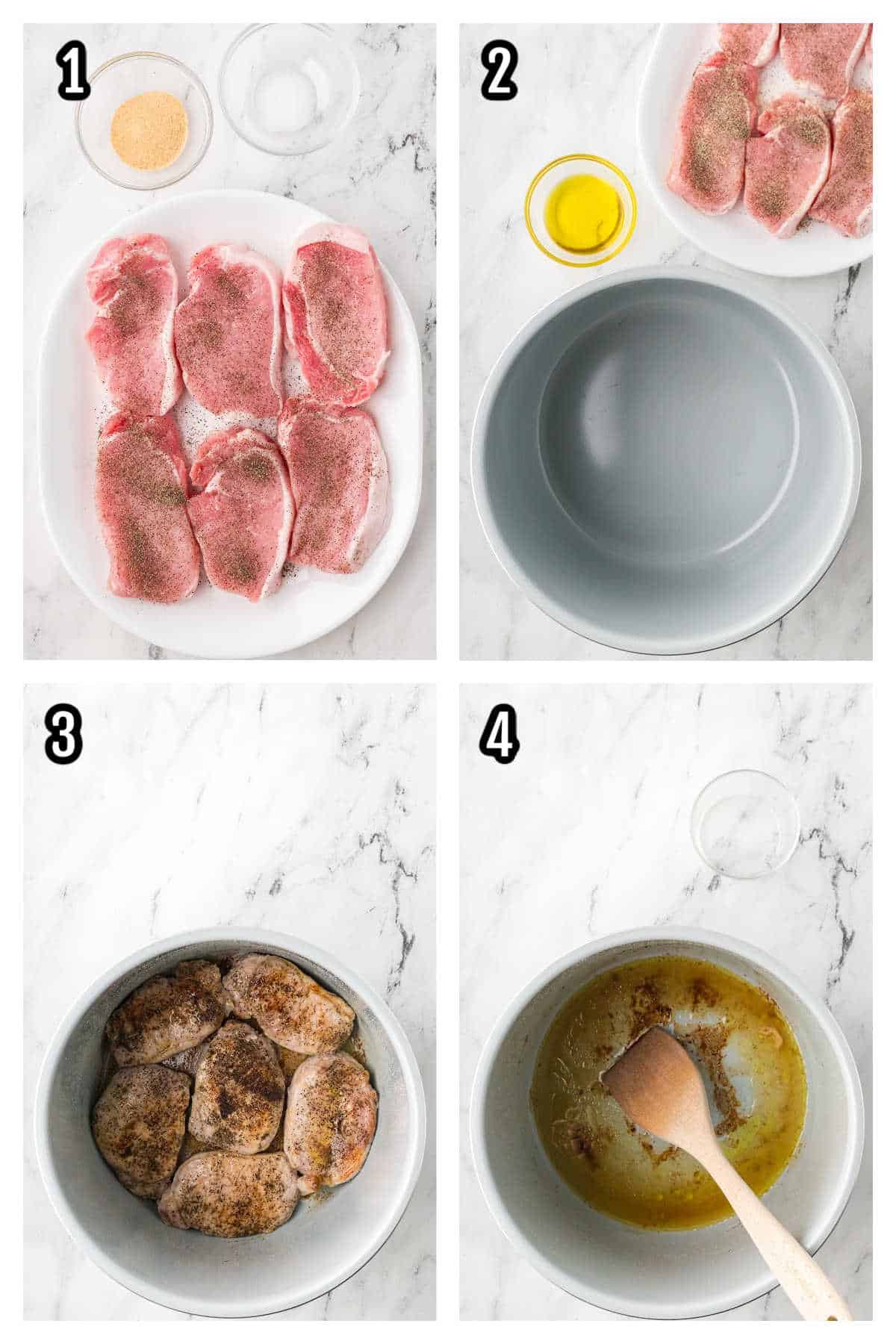 A Collage of the first four steps to making an Instant Pot Pork chops recipe with Italian vegetables. 