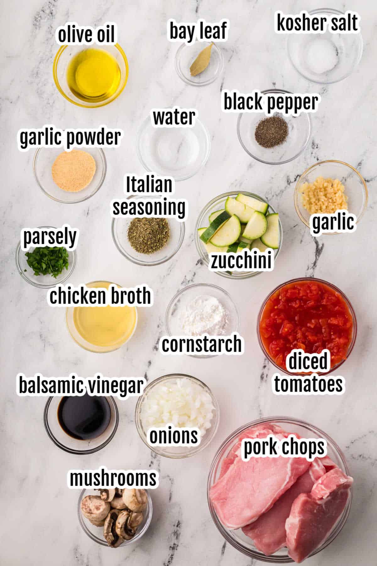 Image of the ingredients needed to make the Italian Instant Pot Pork Chops with Italian vegetables. 