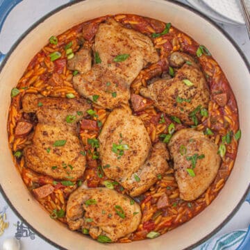 A deep pot filled with Cajun-flavored chicken thighs with creamy orzo pasta.