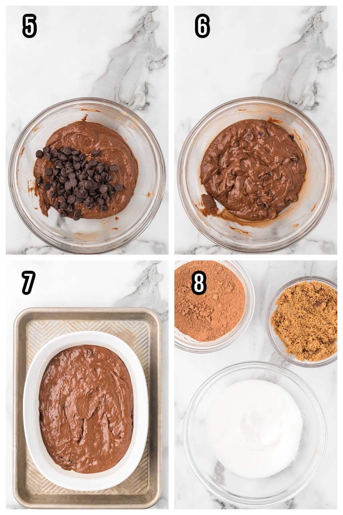 A collage featuring steps five through eight for the Amaretto chocolate pudding cake. 