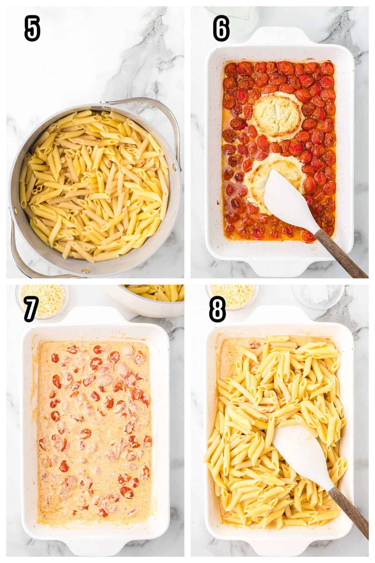 A collage features steps five through eight for making the easy Boursin pasta sauce. 