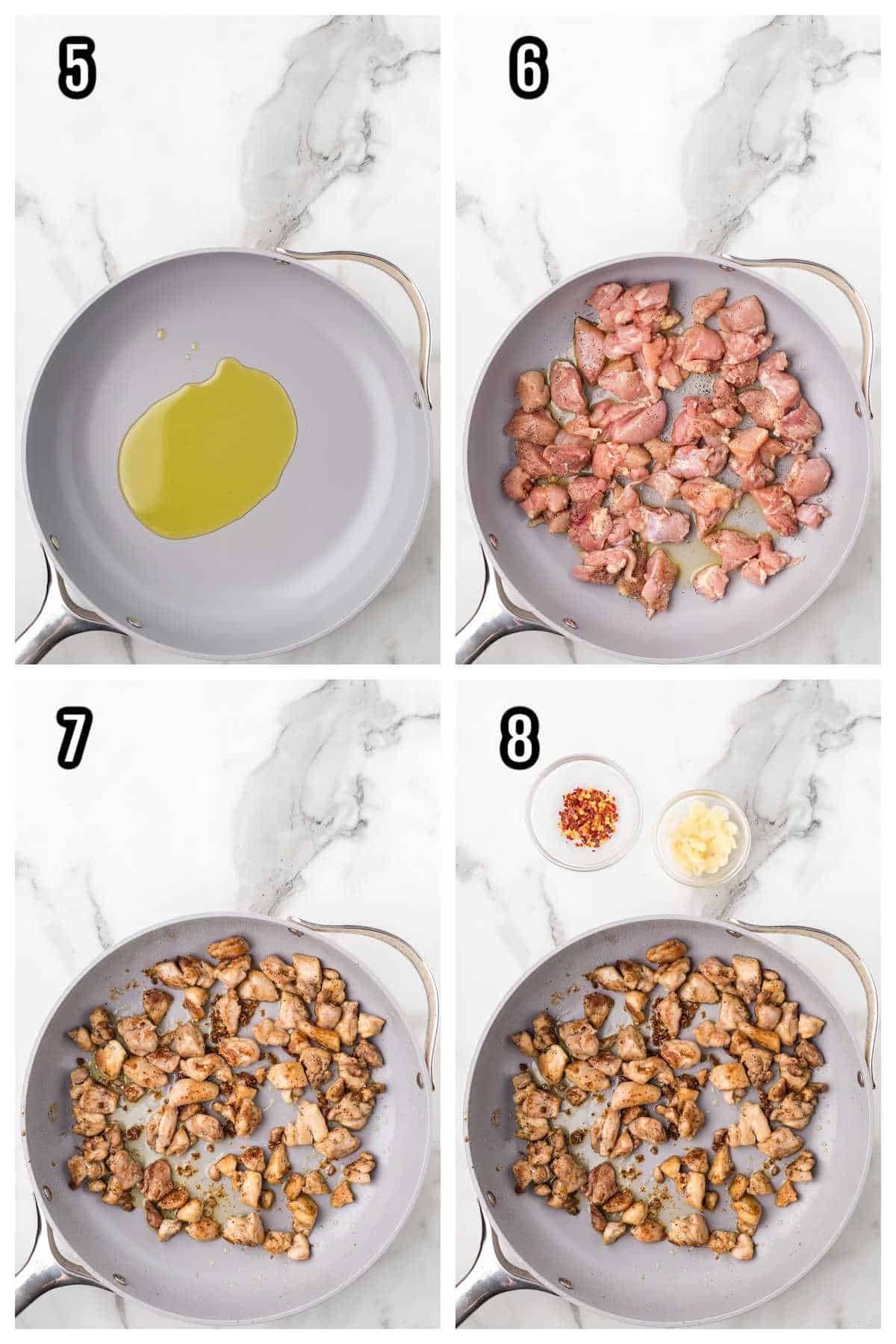 A collage features steps five through eight for the pasta chicken piccata recipe. 