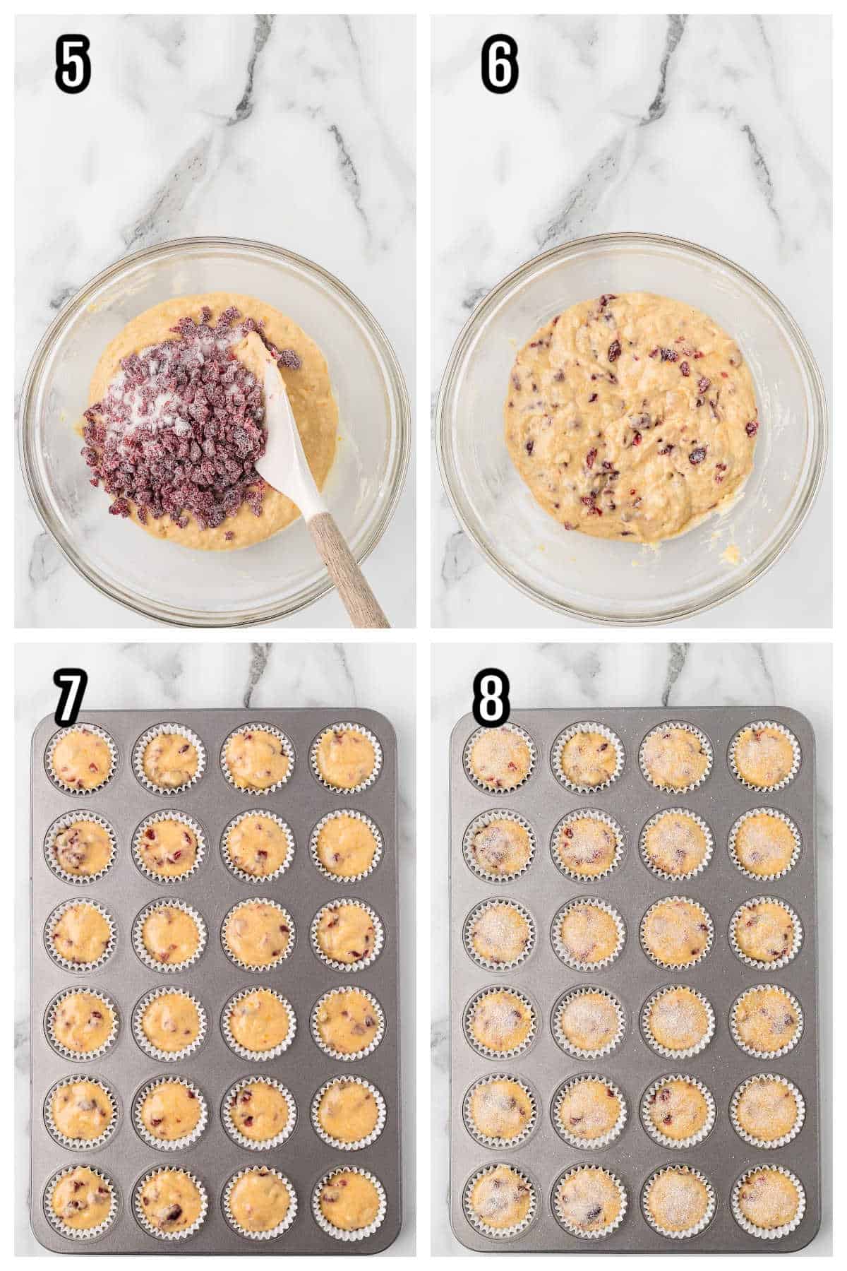 A second collage features steps five through eight to prepare the cranberry orange muffins recipe.