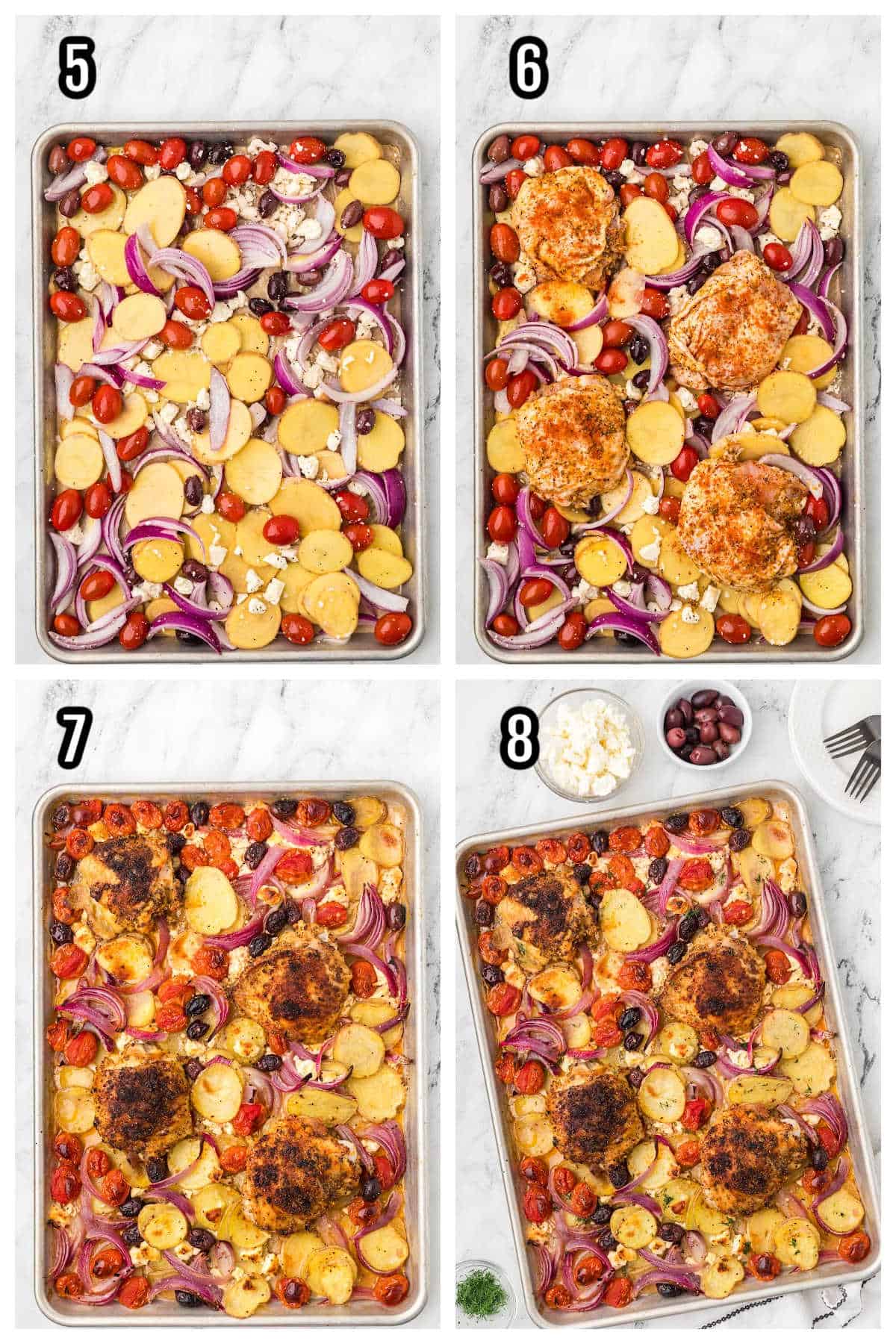 Image of the final steps to making the roasted Greek chicken thighs with vegetables in one pan. 