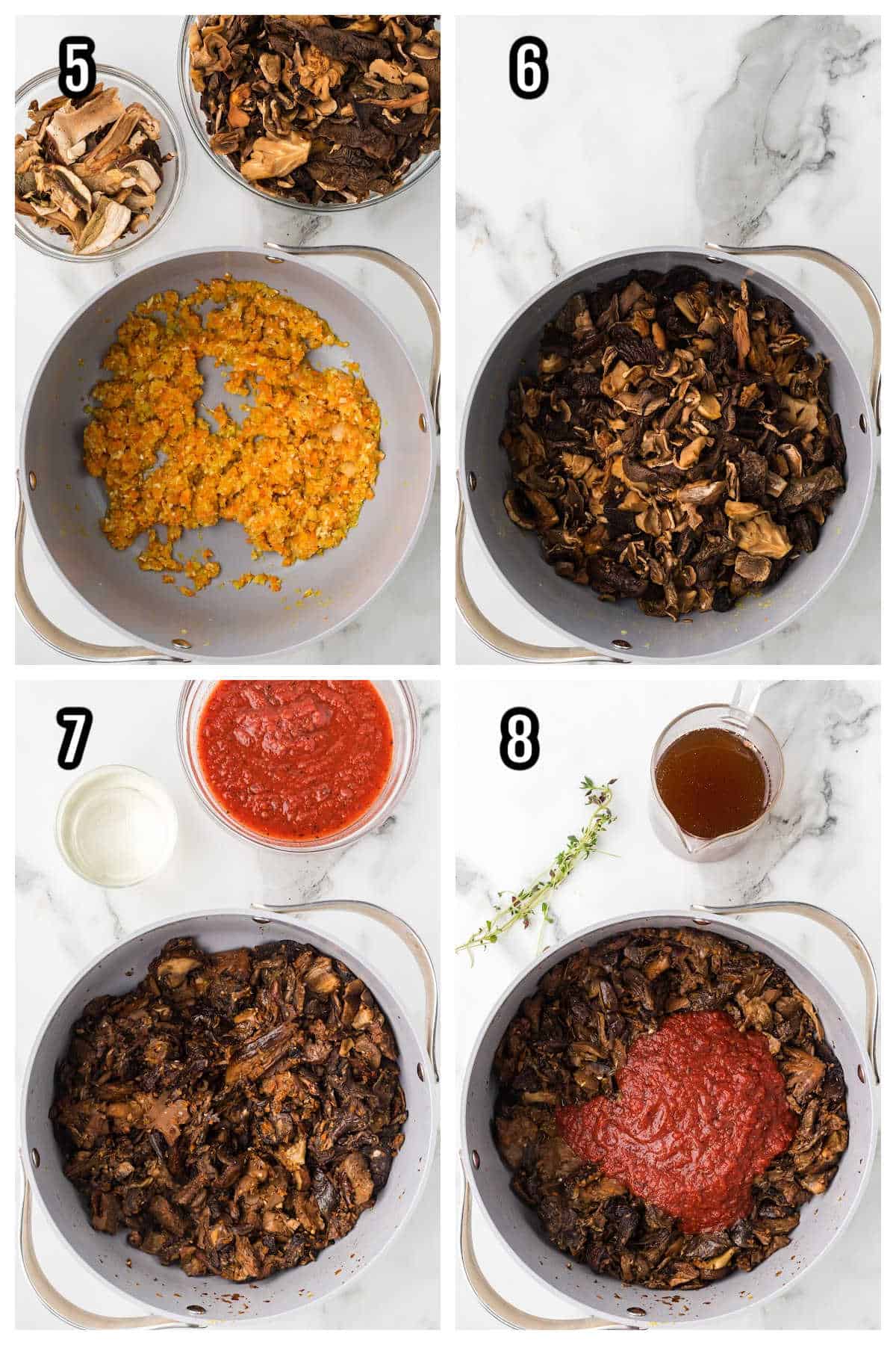 A collage with steps five through eight for assembling and cooking the mushroom pasta sauce. 