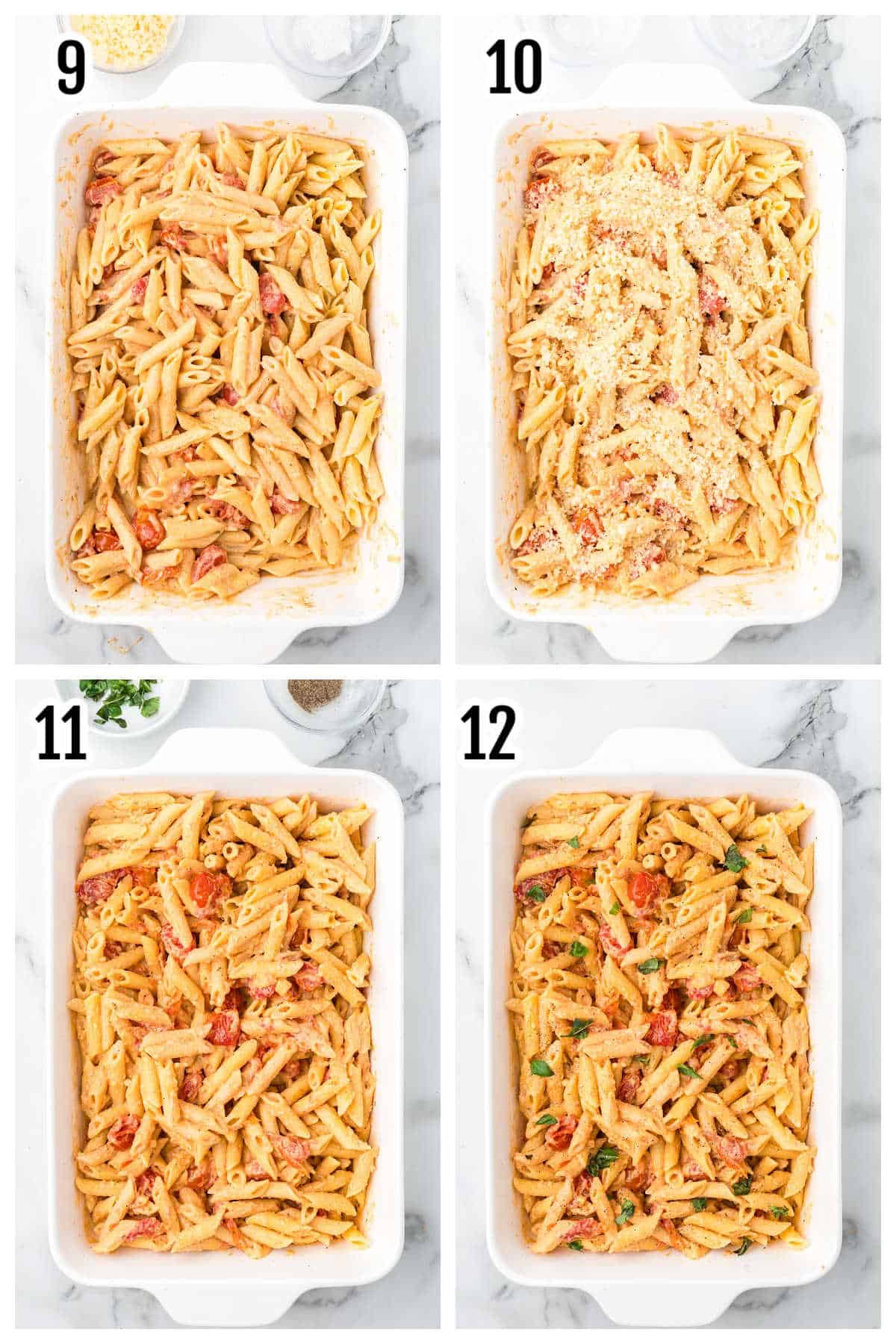 The third collage shows steps nine through twelve for the four-ingredient Boursin Pasta Sauce recipe. 