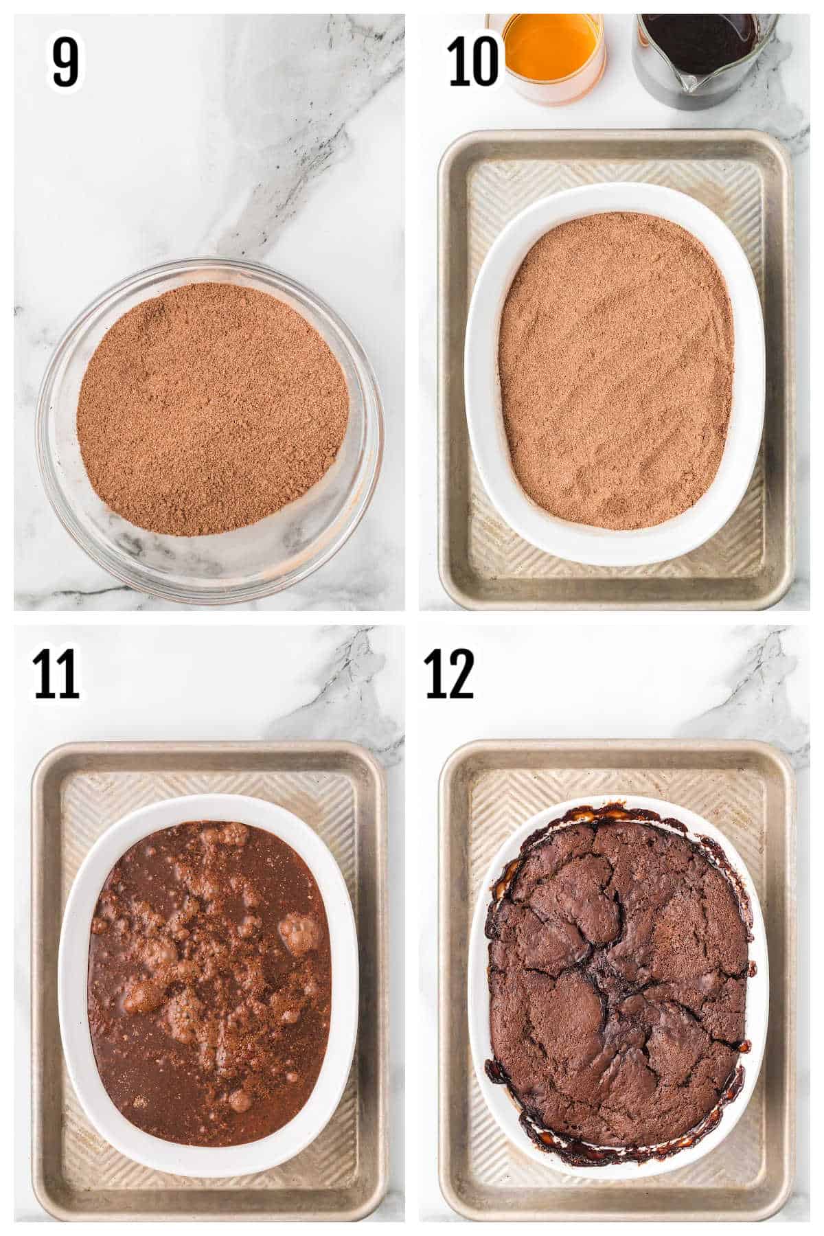A collage featuring steps nine through thirteen to finish making the chocolate pudding cake recipe. 