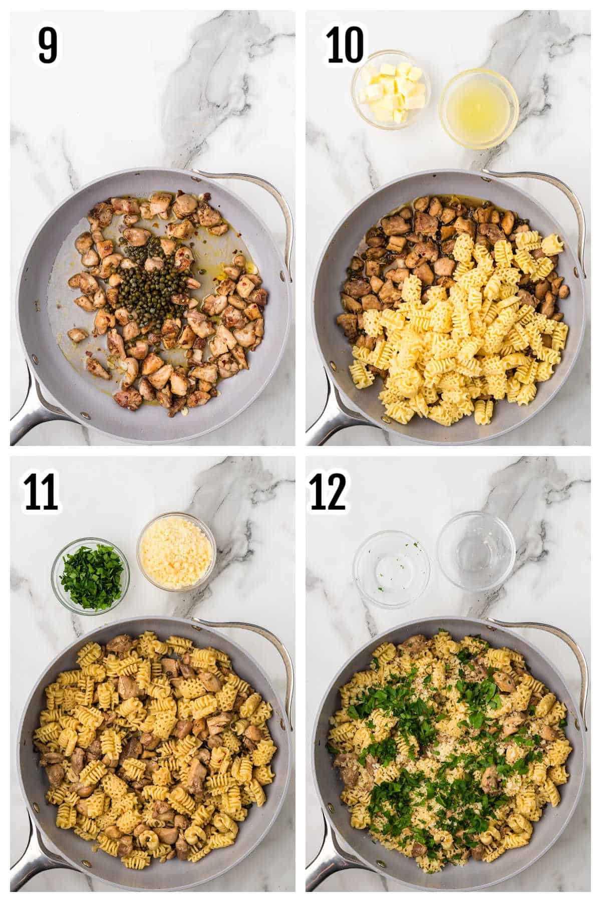 A third collage features steps nine through twelve for the chicken piccata pasta recipe. 