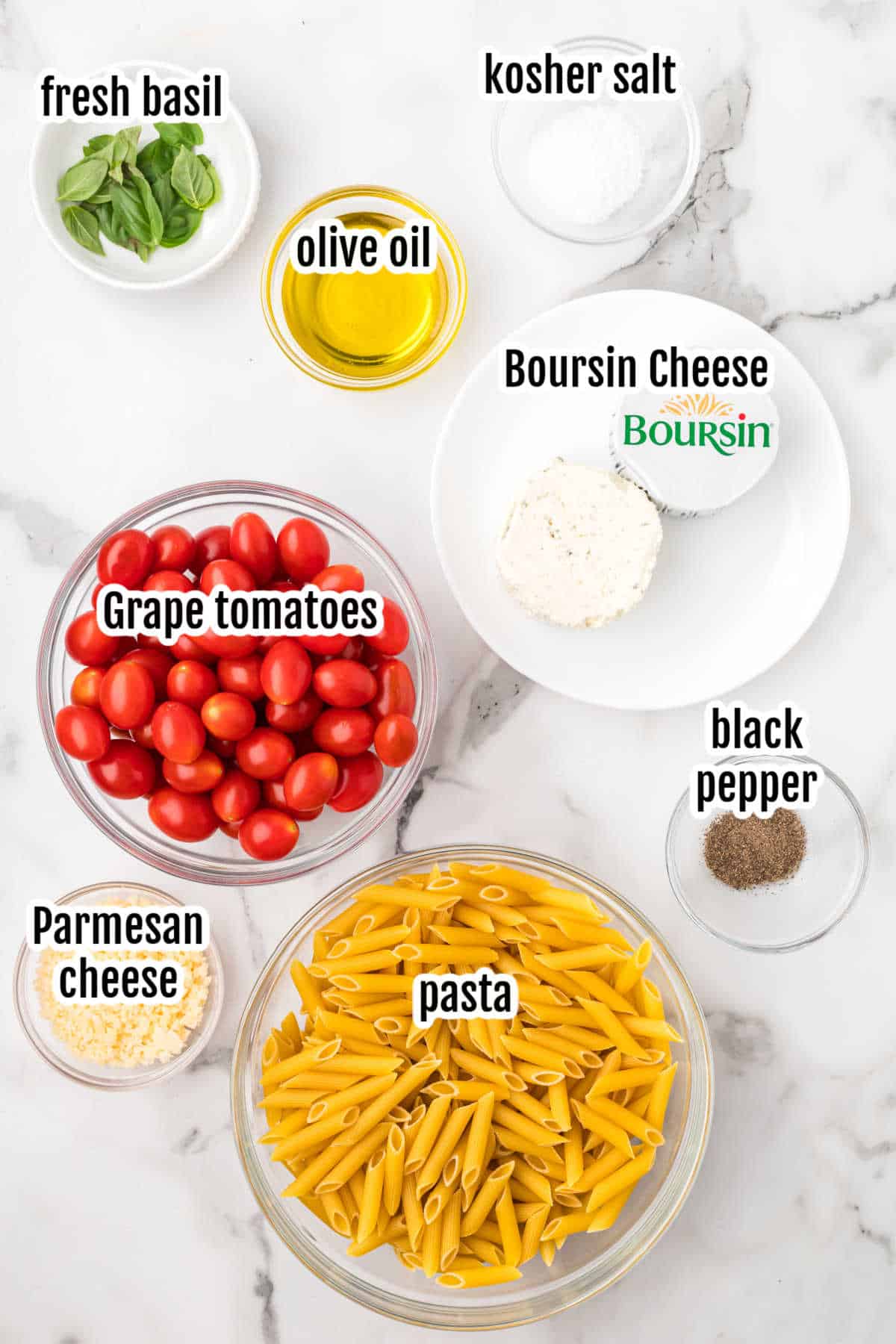 Image of the ingredients needed to make the four-ingredient Boursin cheese pasta. 