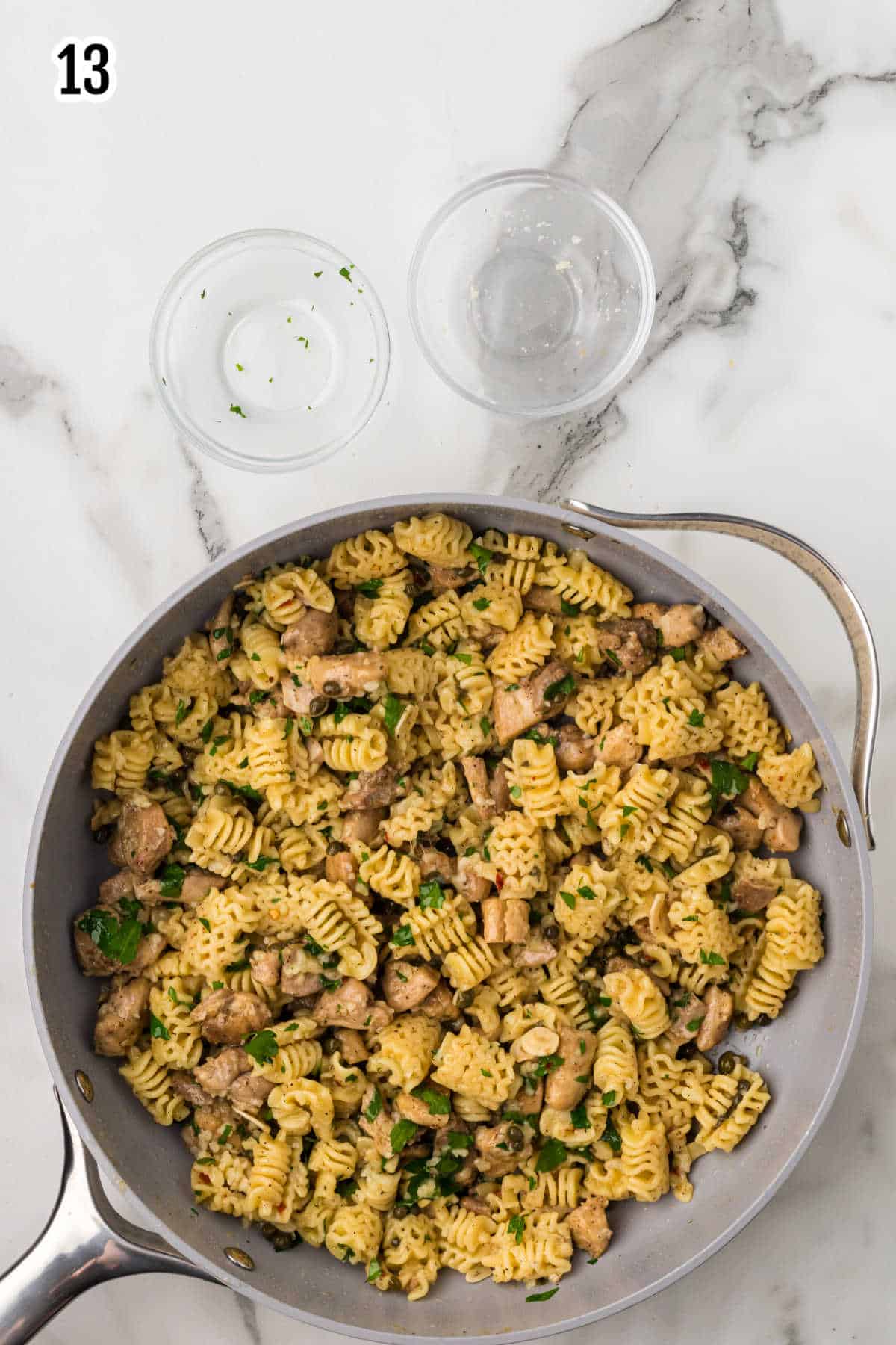 An image of the completed radiatori pasta and chicken piccata recipe. 