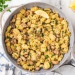 Chicken piccata combine with radiatori pasta for a one-pot dinner.