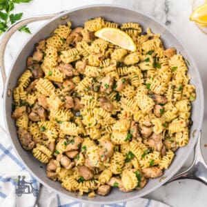Chicken piccata combine with radiatori pasta for a one-pot dinner.