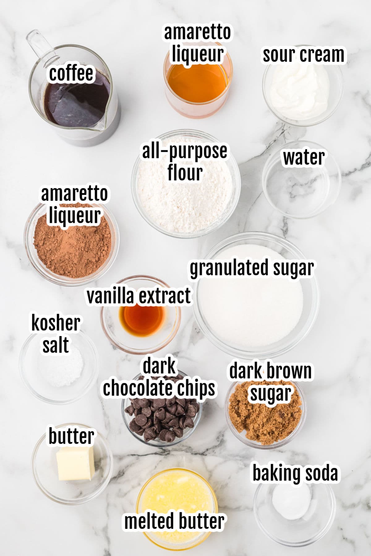 Image of the ingredients needed to make the chocolate pudding cake with amaretto liqueur. 