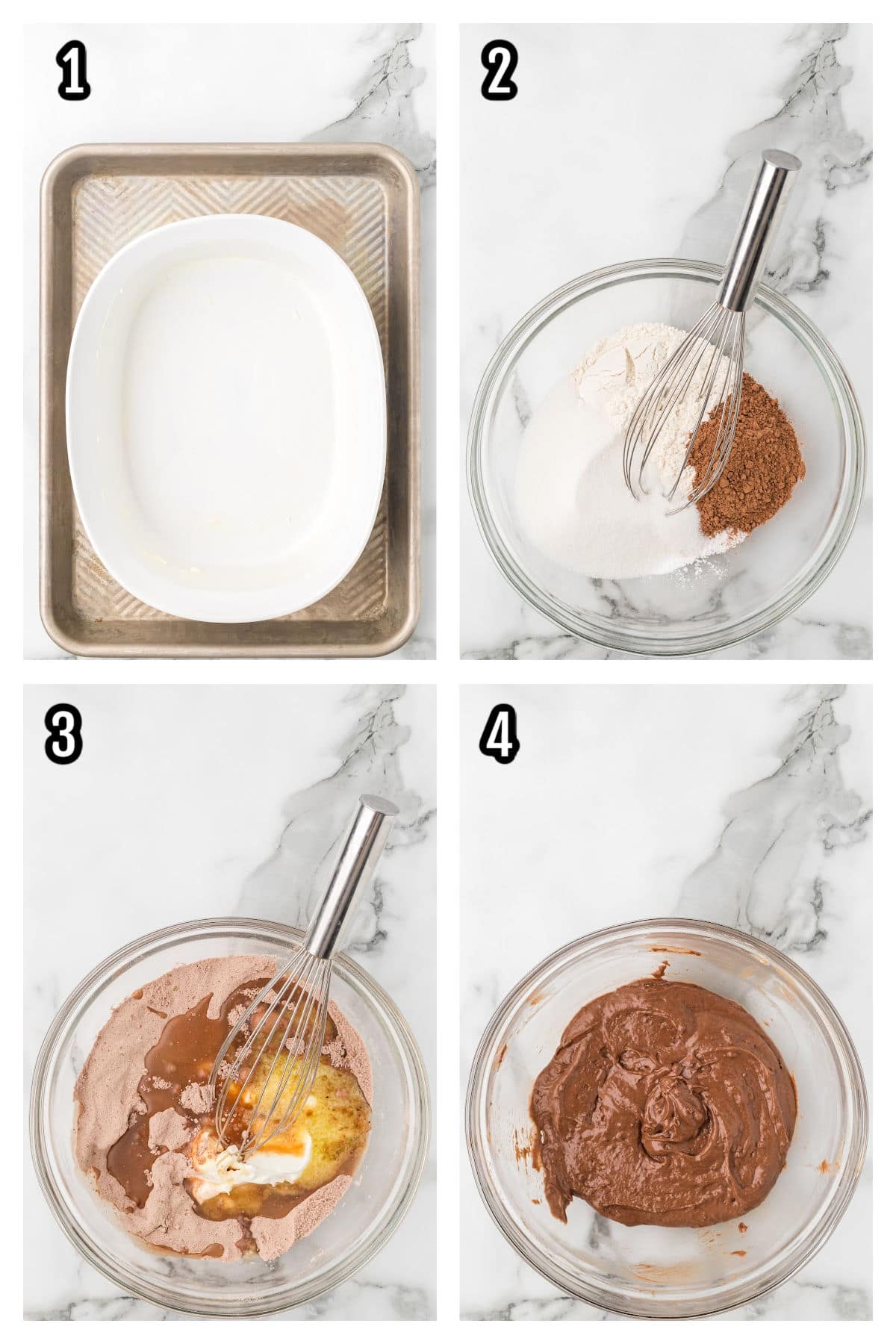 A collage featuring the first four steps to making the chocolate pudding cake recipe. 