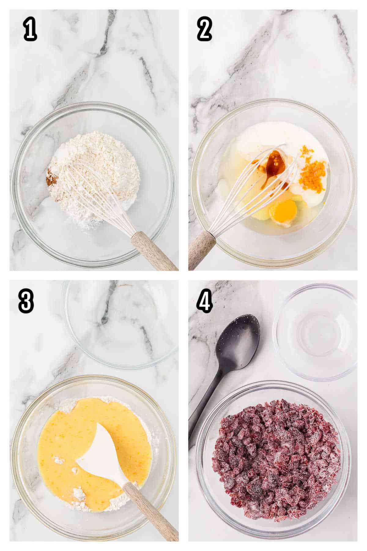 A collage featuring the first four steps to making the orange cranberry muffins recipe.