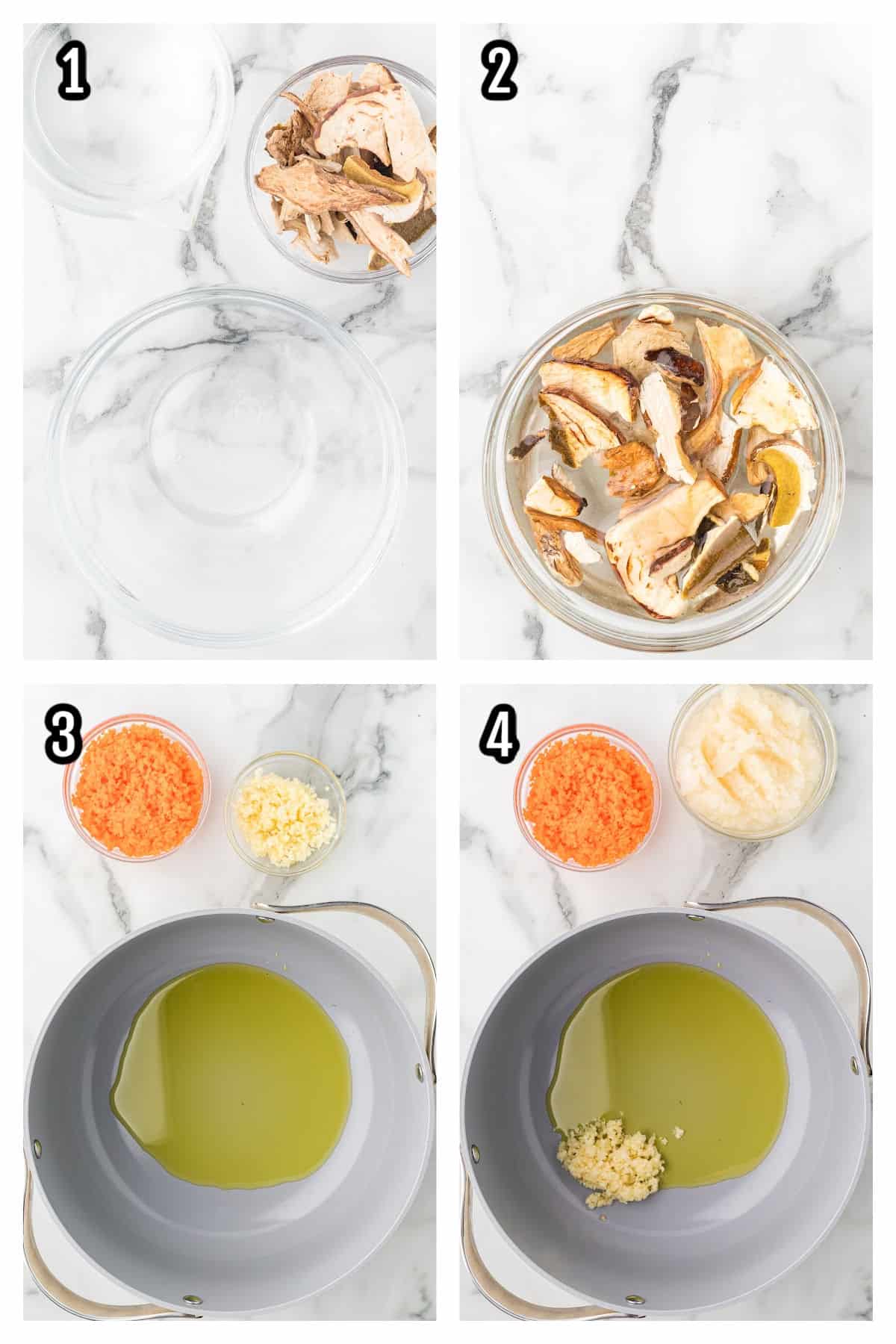 Collage features the first four steps to making the mushroom ragù recipe. 