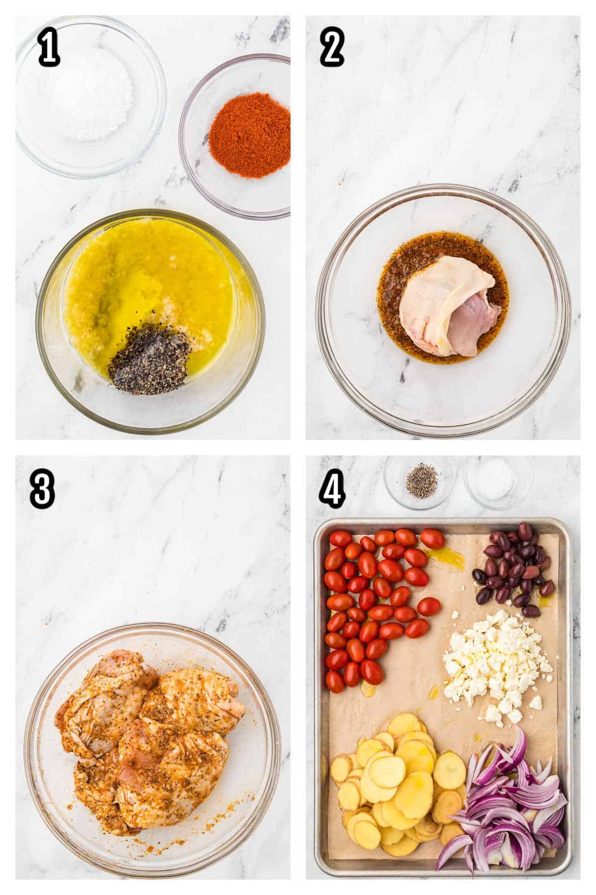 Image of the first four steps to making the easy sheet pan Greek chicken with vegetables. 